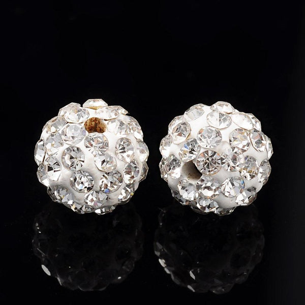 Perles Rondes Strass Pâte Polymère 10mm - Blanc Scintillant - 5 Perles - BD019