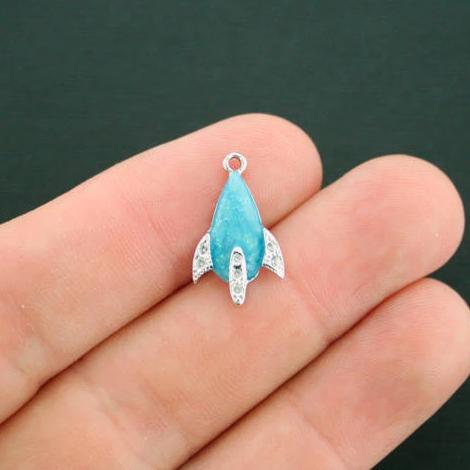 5 Rocket Ship Silver Tone Enamel Charms with Inset Rhinestones - E420