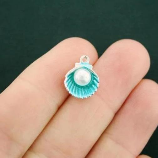 5 Seashell Silver Tone and Blue Enamel Charms - SC7451