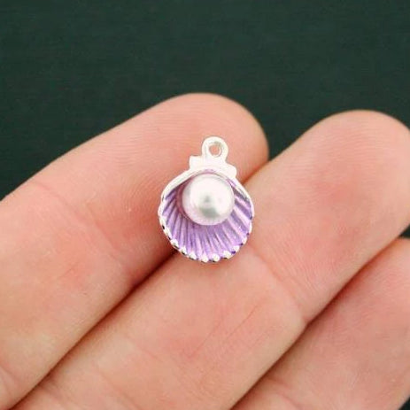 5 Seashell Silver Tone and Purple Enamel Charms - SC840