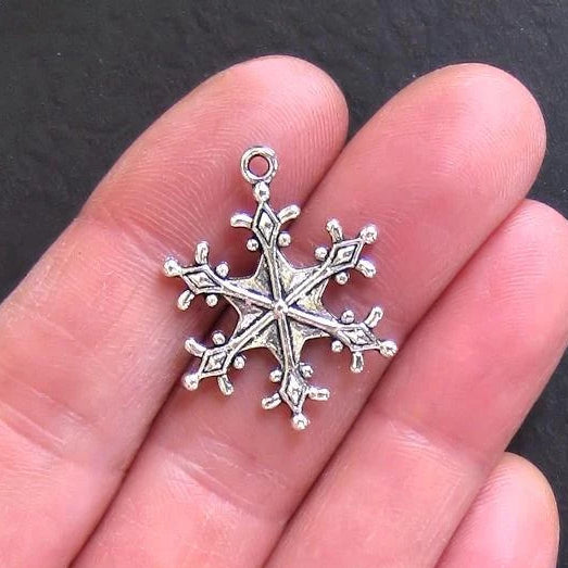 5 Snowflake Antique Silver Tone Charms 2 Sided - SC469