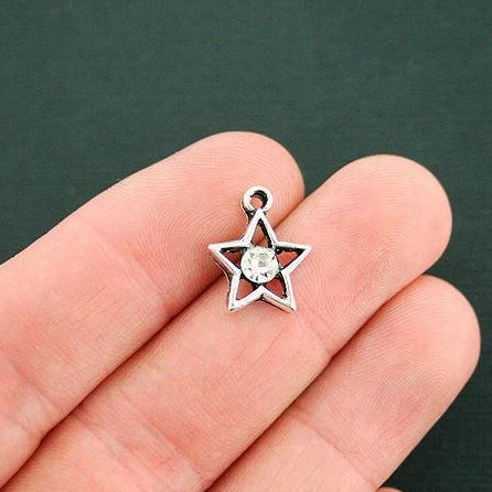 5 Star Antique Silver Tone Charms with Inset Rhinestone - SC1692