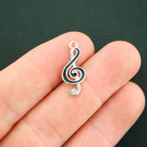 5 Treble Clef Silver Tone Enamel Charms with Inset Rhinestone - E523