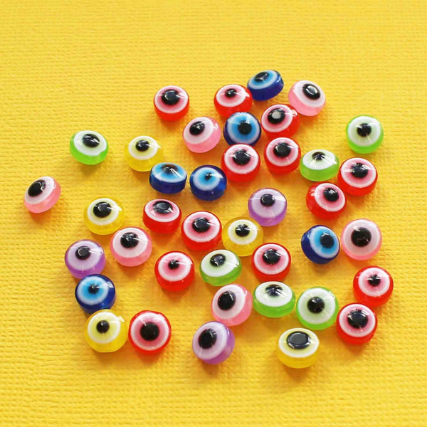Perles Rondes Plates en Résine 8mm x 5mm - Assortiment Rainbow Evil Eye - 50 Perles - BD126