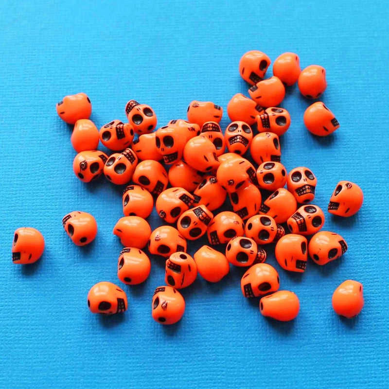 Skull Acrylic Beads 10mm x 9mm x 8mm - Orange and Black - 50 Beads - BD1201