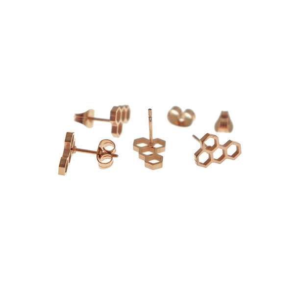 Honeycomb Rose Gold Tone Stainless Steel Earring Studs - 11mm - 2 Pieces 1 Pair - ER081