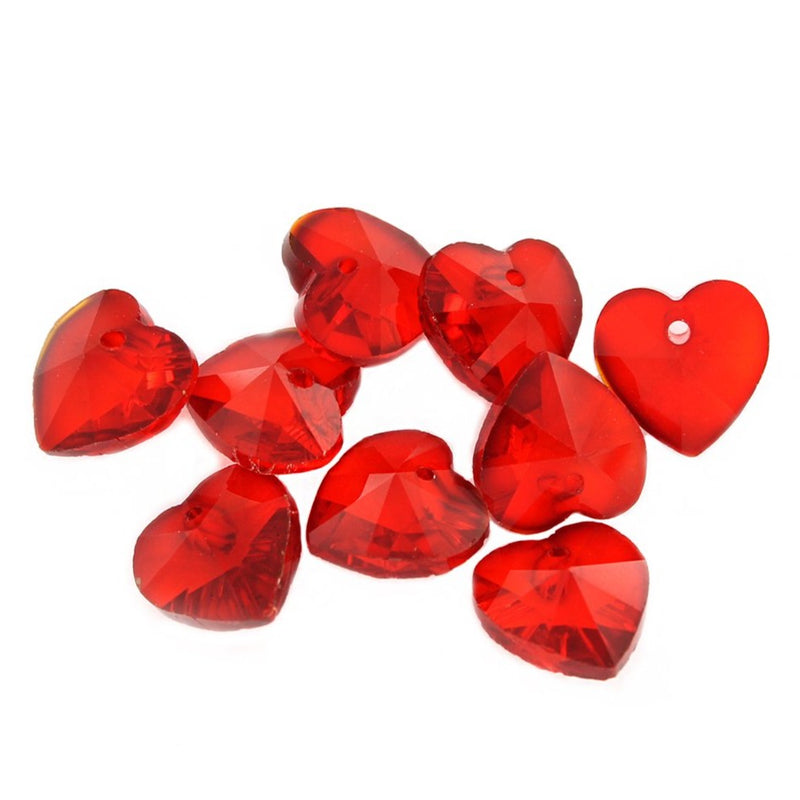 Heart Glass Beads 14mm - Ruby Red - 10 Beads - BD1508