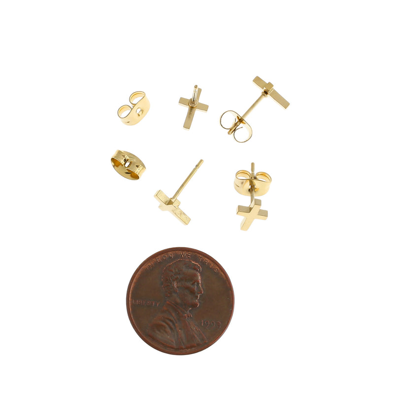 Gold Stainless Steel Earrings - Cross Studs - 8mm x 5mm - 2 Pieces 1 Pair - ER404