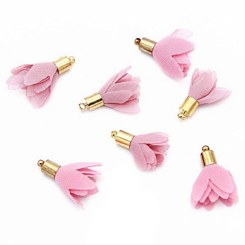 Chiffon Flower Blossom Tassel 29mm - Bubblegum Pink and Gold Tone - 6 Pieces - TSP168