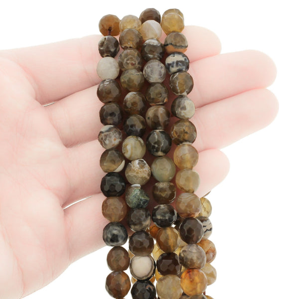 Faceted Natural Fire Agate Beads 8mm - Shades of Brown - 1 Strand 47 Beads - BD2785