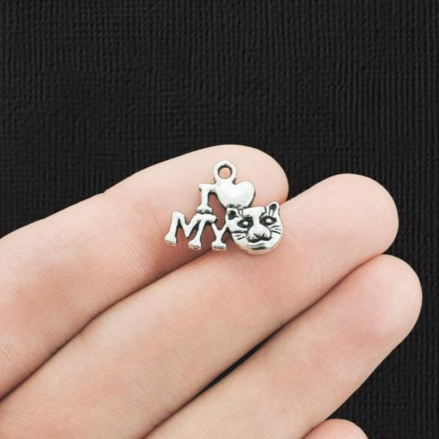 12 Love My Cat Antique Silver Tone Charms - SC259