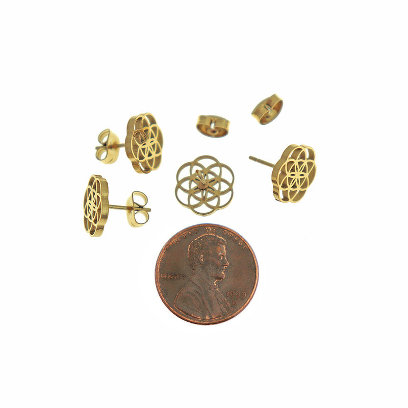 Gold Tone Stainless Steel Earrings - Flower of Life Studs - 11mm - 2 Pieces 1 Pair - ER1005