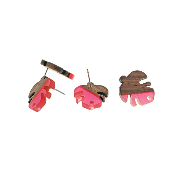 Wood Stainless Steel Earrings - Pink Resin Leaf Studs - 19.5mm x 17mm - 2 Pieces 1 Pair - ER759
