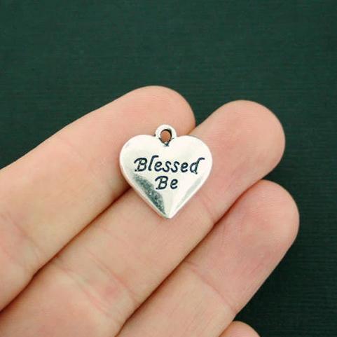 5 Blessed Be Heart Antique Silver Tone Charms - SC7199