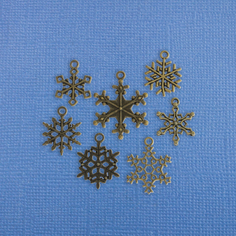 Snowflake Charm Collection Antique Bronze Tone 7 Different Charms - COL167
