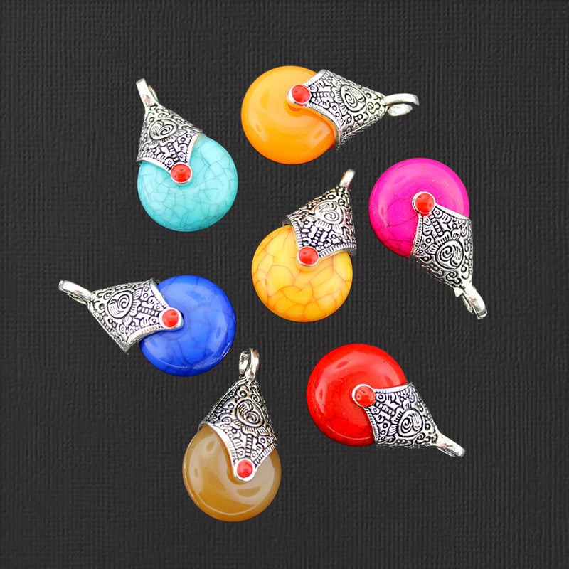 5 Assorted Color Antique Silver Tone Resin Drop Charms - E749