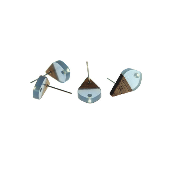 Wood Stainless Steel Earrings - Transparent Blue Resin Teardrop Studs - 17.5mm x 11mm - 2 Pieces 1 Pair - ER663