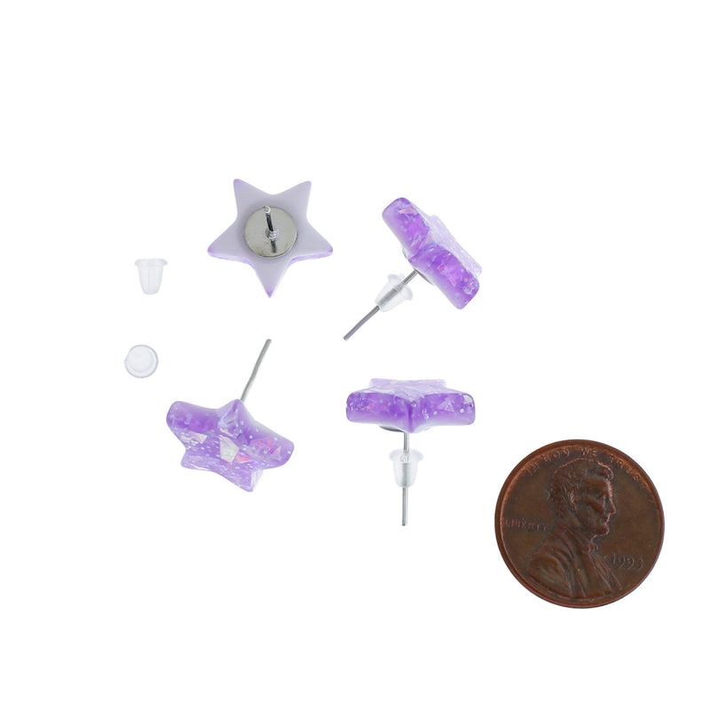 Resin Earrings - Purple Sequin Star Studs - 14mm - 2 Pieces 1 Pair - ER381
