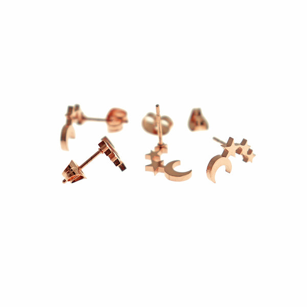 Rose Gold Tone Stainless Steel Earrings - Moon and Stars Studs - 12mm - 2 Pieces 1 Pair - ER931