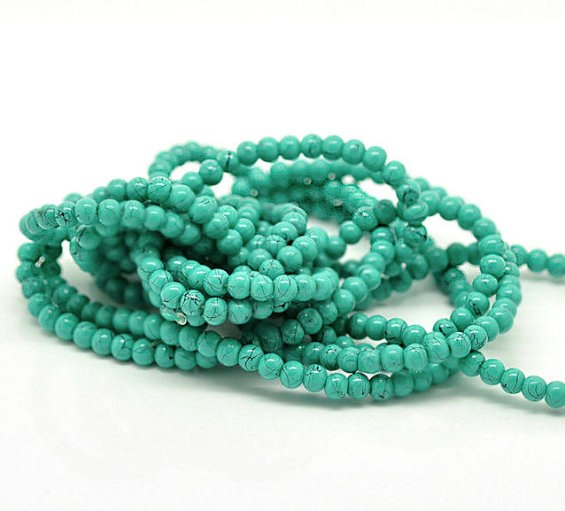 Round Glass Beads 4mm - Turquoise With Black Accents - 1 Strand 200 Beads - BD063