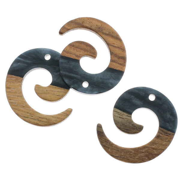 Swirl Natural Wood and Charcoal Black Resin Charm 28mm - WP403