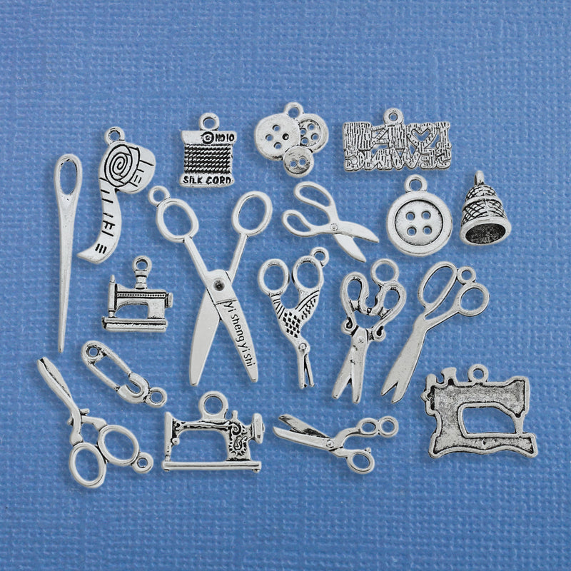 Deluxe Sewing Charm Collection Antique Silver Tone 18 Charms - COL246