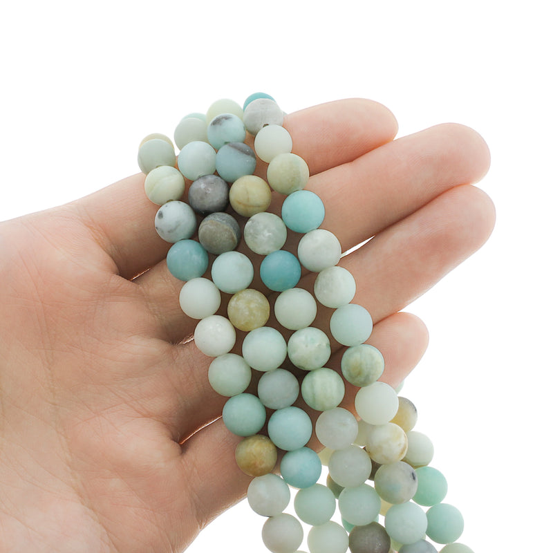 Perles rondes en amazonite naturelle 8 mm - Bleus givrés et tons de terre - 1 brin 47 perles - BD1336 