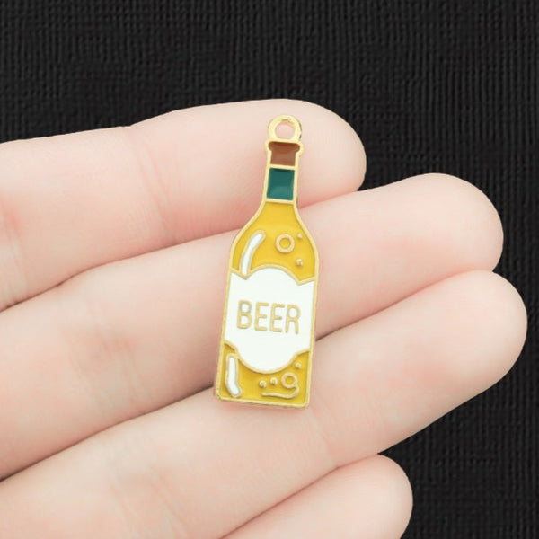 5 Beer Bottle Gold Tone Enamel Charms - E1449