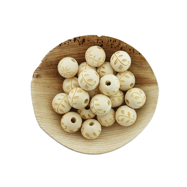 Perles rondes en bois 15 mm - Gravé floral inachevé - 10 perles - BD2421