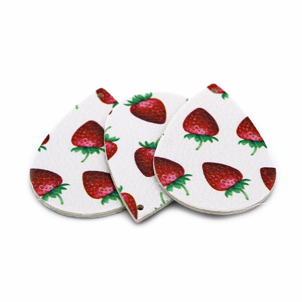 Imitation Leather Teardrop Pendants - Red Strawberries - 4 Pieces - LP049