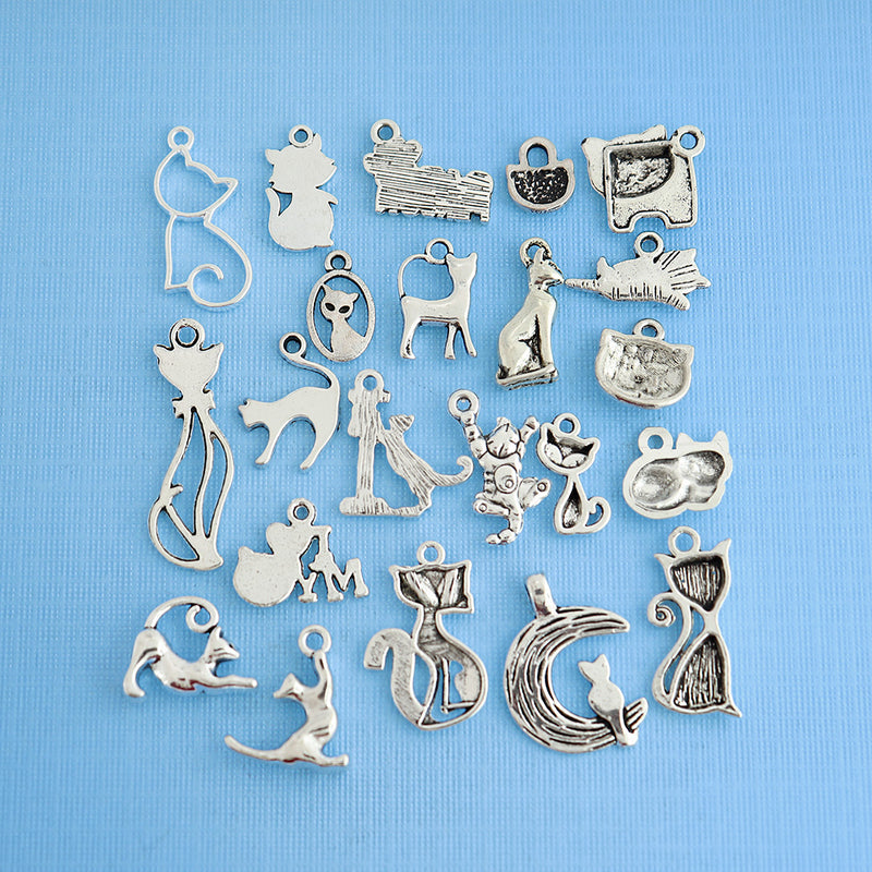 Deluxe Cat Charm Collection Antique Silver Tone 22 Different Charms - COL033