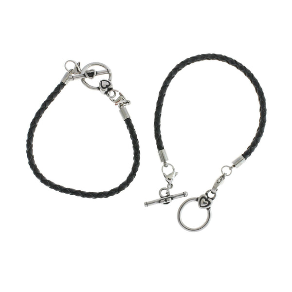 Black Braided Leather Bracelets 7 3/4" - 3mm - 2 Bracelets - N261