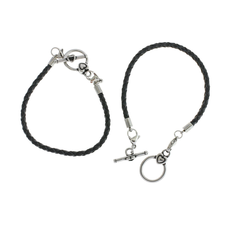 Black Braided Leather Bracelets 7 3/4" - 3mm - 2 Bracelets - N261
