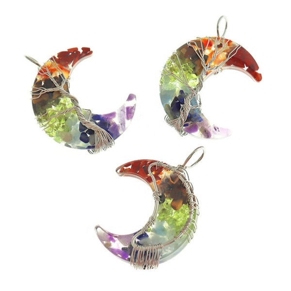 Chakra Natural Gemstone Crescent Moon Pendant - GEM148