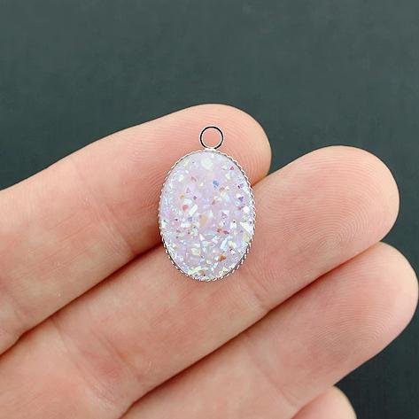 4 Druzy Silver Tone and Resin Cabochon Charms - Z642