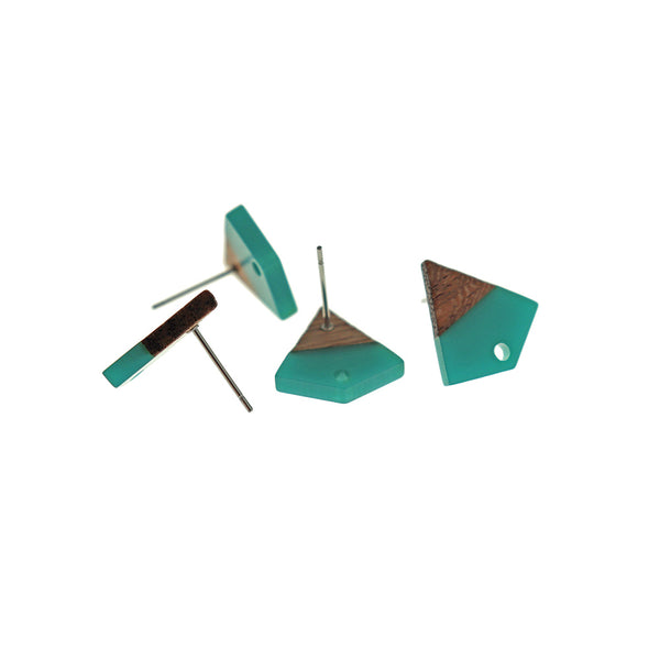 Wood Stainless Steel Earrings - Teal Resin Kite Studs - 16mm x 15mm - 2 Pieces 1 Pair - ER733