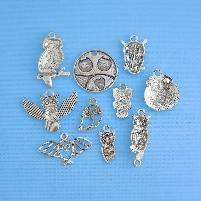 Owl Charm Collection Antique Silver Tone 10 Different Charms - COL092