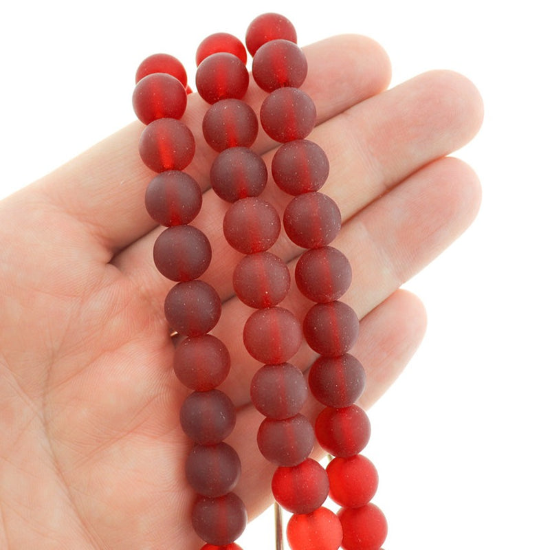 Round Cultured Sea Glass Beads 10mm - Frosted Red - 1 Strand 19 Beads - U188