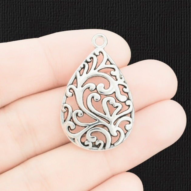 6 Filigree Drop Silver Tone Charms - SC1765