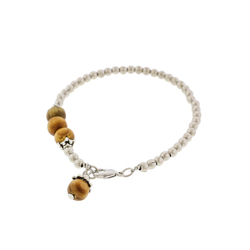 Round Wood Bead Bracelet - 55mm - Silver Tone Spacer Beads - 1 Bracelet - BB188
