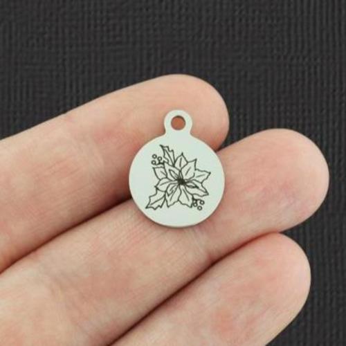 December Poinsettia Stainless Steel Small Round Charms - BFS002-5348