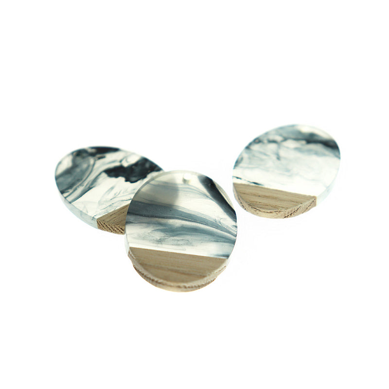 2 Oval Natural Wood and Marble Resin Charms 38mm - WP552