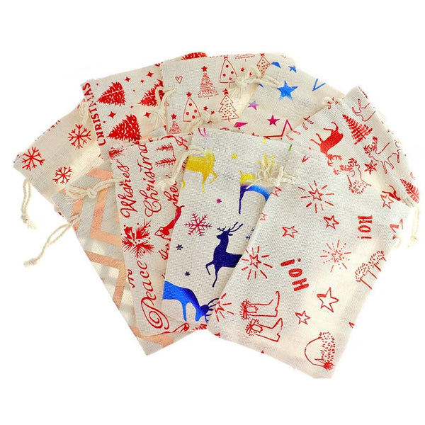 4 Sacs de Noël Assortis en Coton à Cordon 14cm x 10cm - TL211