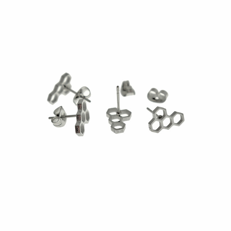 Boucles d'oreilles en acier inoxydable argenté en nid d'abeille - 11 mm - 2 pièces 1 paire - ER210