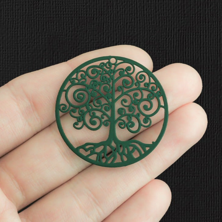 4 Tree of Life Green Enamel Stainless Steel Charms 2 Sided - SSP384