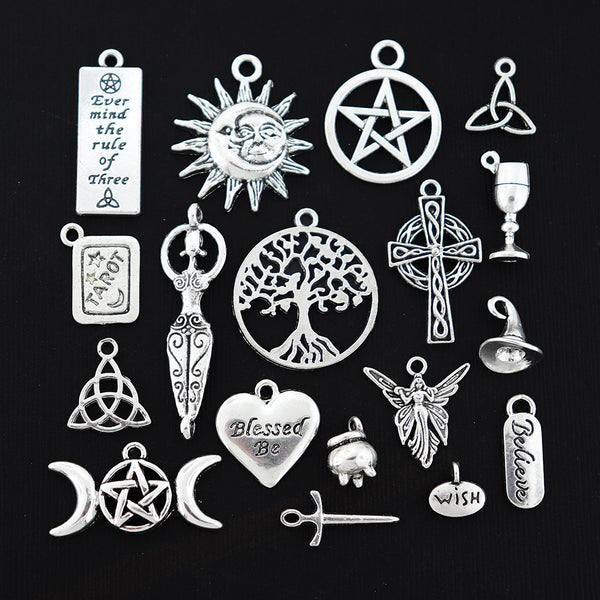 Wiccan Charm Collection Antique Silver Tone 18 Different Charms - COL016