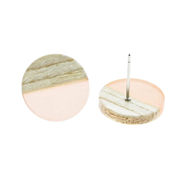 Wood Stainless Steel Earrings - Champagne Pink Resin Round Studs - 15mm - 2 Pieces 1 Pair - ER110