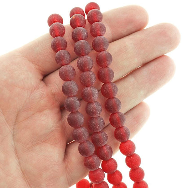 Perles rondes en verre de mer de culture 8 mm - Rouge givré - 1 rang 24 perles - U204