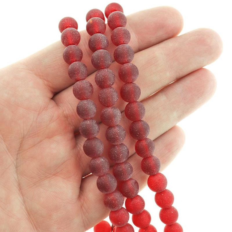 Round Cultured Sea Glass Beads 8mm - Frosted Red - 1 Strand 24 Beads - U204