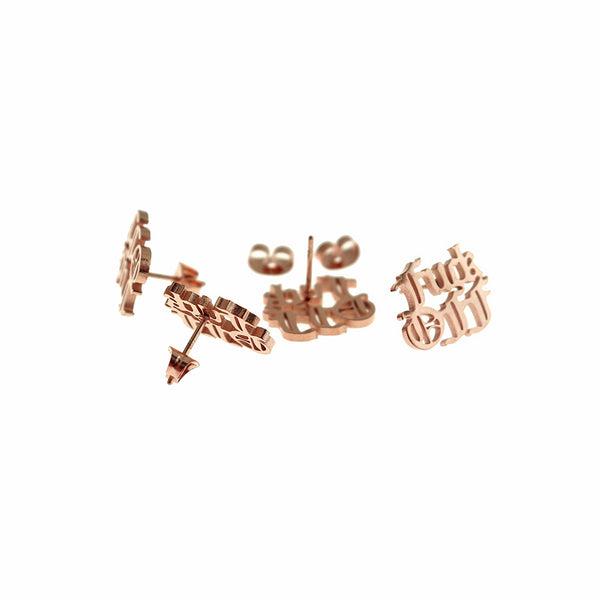 Rose Gold Tone Stainless Steel Earrings - F*ck Off Studs - 15mm - 2 Pieces 1 Pair - ER942